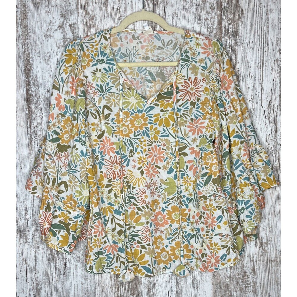 Ivy Jane Women's Size XS Top Oversized V-Neck Tie Neck Ivory Floral Bell Sleeve